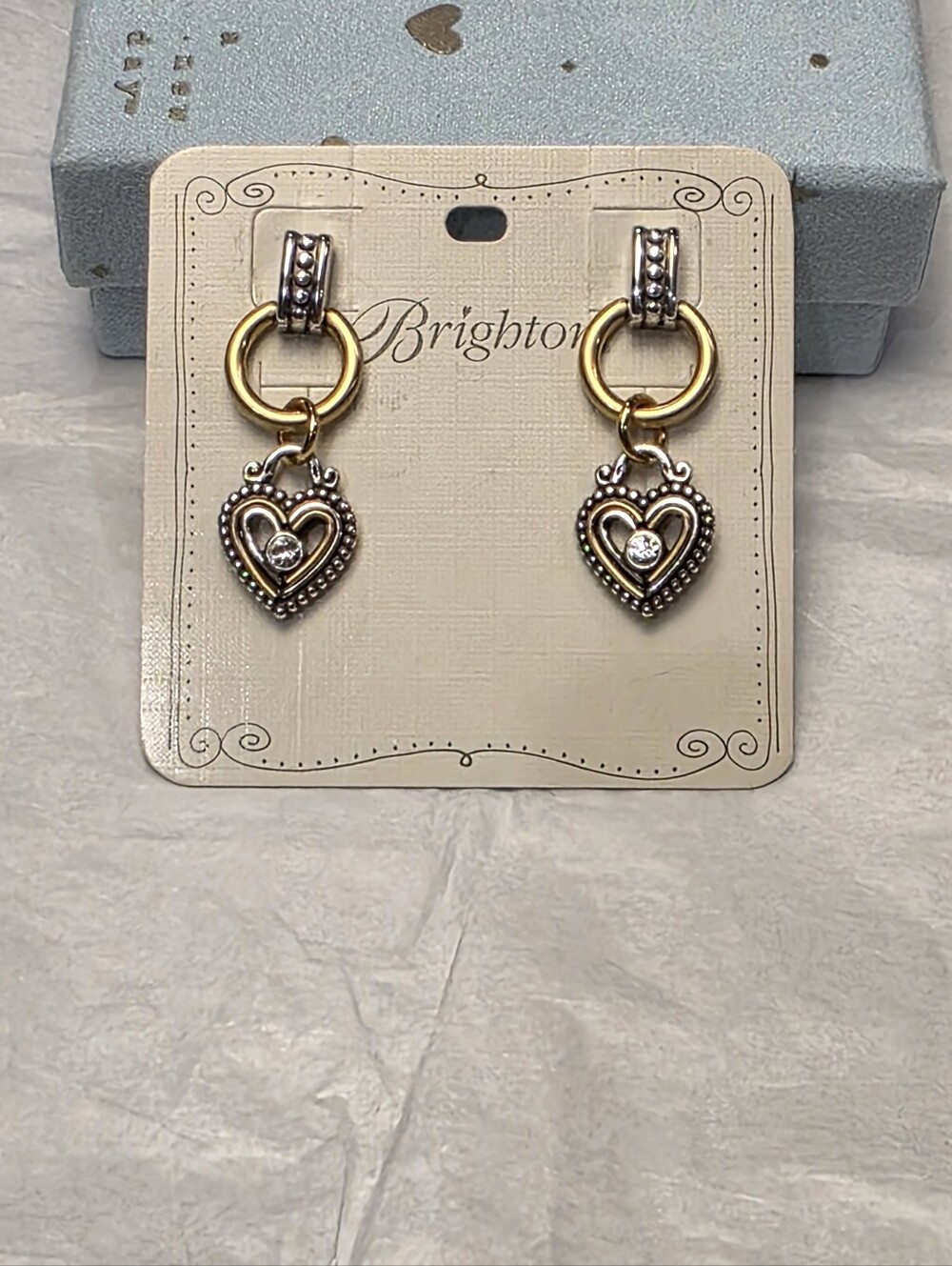 Brighton Two‎ Tone Heart Drop Earrings Silver Gold Crystal Mixed Metal Dangle